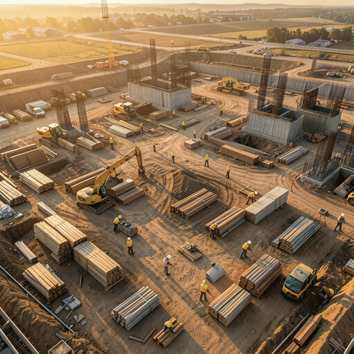 Aerial view of a large, organized construction site during golden hour, symbolizing effective project management.