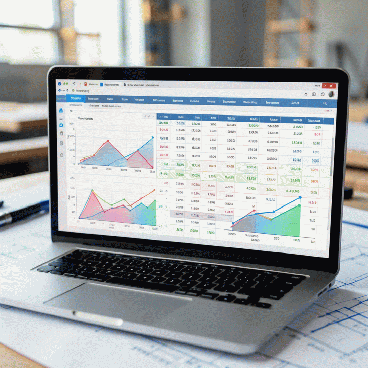 Close-up of a spreadsheet showing real-time project progress and budget tracking on a laptop screen, symbolizing effective cost control in construction management.