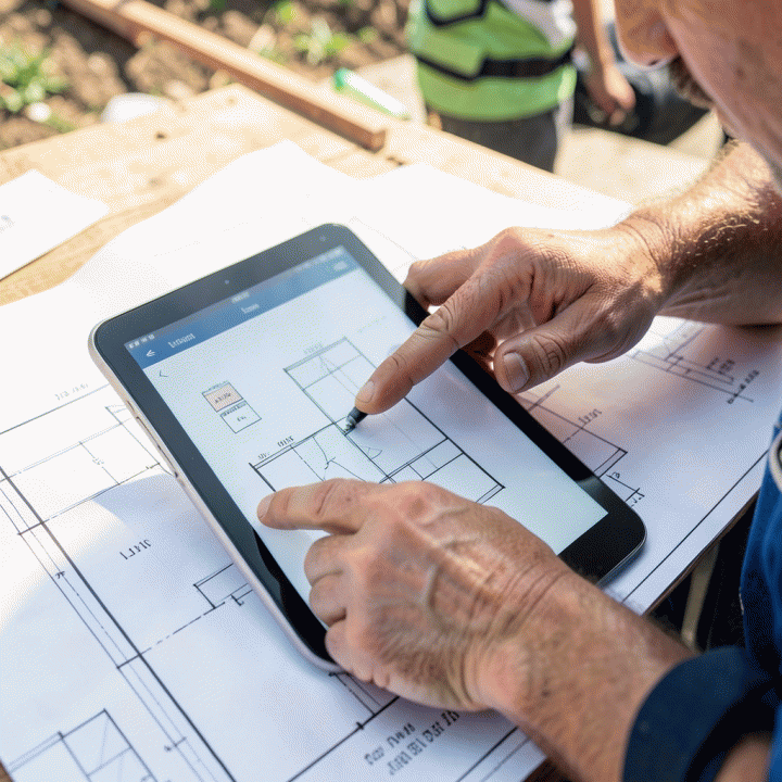 Construction worker monitoring progress on a blueprint using a tablet, illustrating real-time project tracking.
