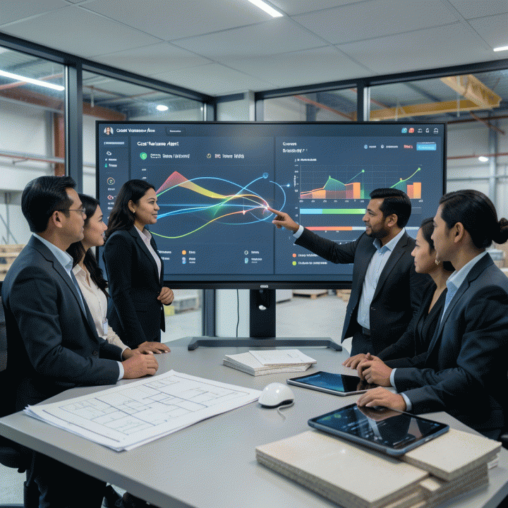 Tim profesional konstruksi Indonesia di ruang kontrol modern sedang memonitor dashboard digital real-time untuk mengendalikan biaya dan progres proyek agar proyek berjalan lancar dan akurat.