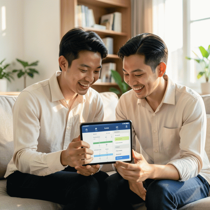 Pasangan muda Indonesia sedang meninjau dashboard digital untuk perencanaan pernikahan yang mulus, termasuk anggaran, jadwal, dan daftar tamu, dalam suasana yang cerah dan modern.