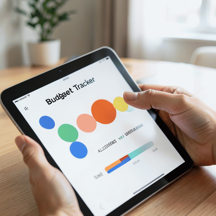 Tangan menunjuk ke antarmuka pelacak anggaran di tablet yang menunjukkan visualisasi keuangan yang terorganisir.