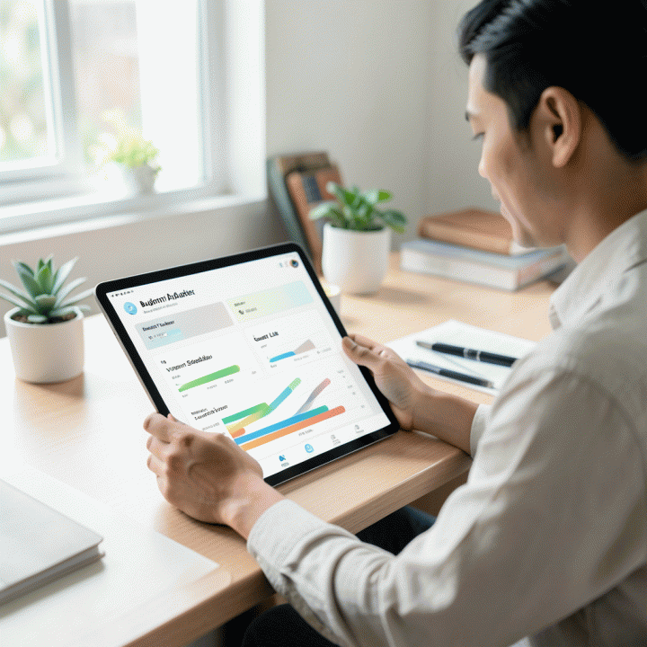 Pasangan muda Indonesia menggunakan tablet modern yang menampilkan dashboard perencanaan pernikahan yang terorganisir, menunjukkan pelacakan anggaran, jadwal vendor, dan daftar tamu secara visual yang rapi dan intuitif.