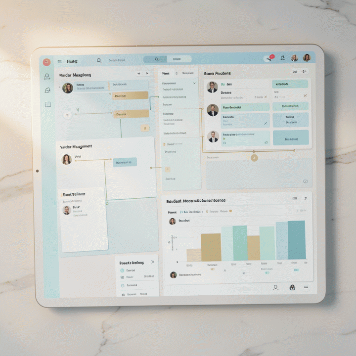Dashboard digital yang rapi menampilkan timeline dan manajemen vendor pernikahan, menekankan organisasi dan kontrol perencanaan acara.