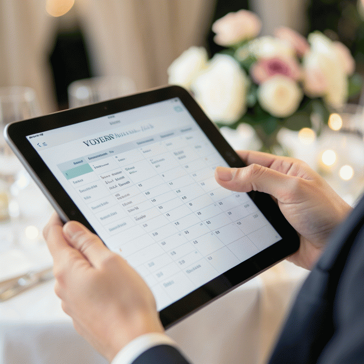 Tangan yang mengatur daftar periksa vendor pernikahan dan kalender digital pada tablet, menunjukkan koordinasi detail.