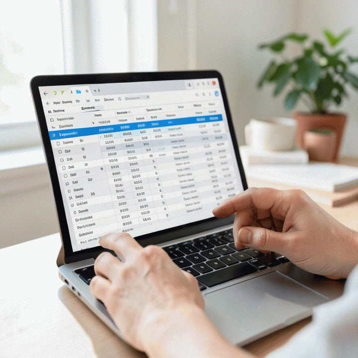 Tangan yang rapi memasukkan data pengeluaran ke dalam antarmuka spreadsheet digital di laptop.