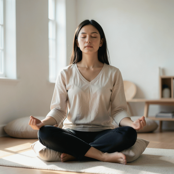 Seseorang bermeditasi di pagi hari dalam suasana yang sangat tenang dan damai untuk mereset pikiran sebelum beraktivitas.