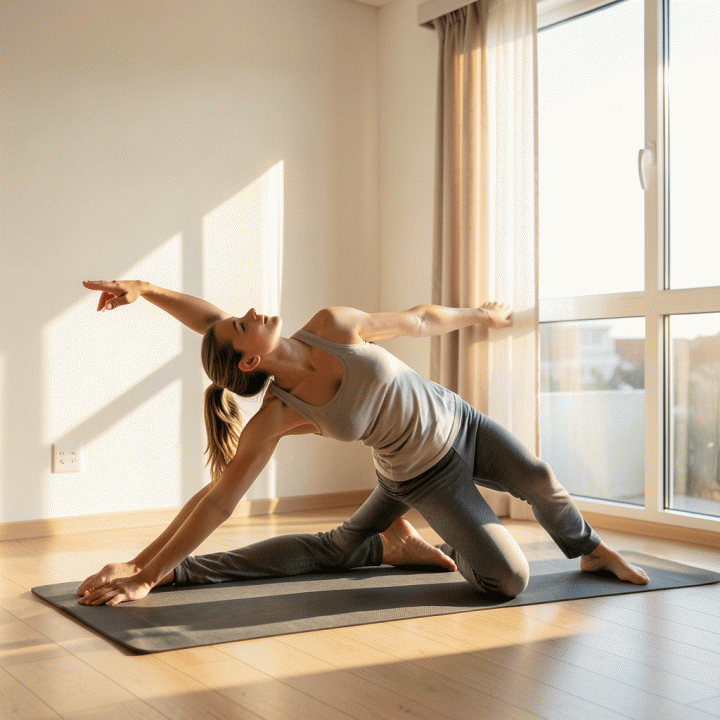 Seseorang melakukan peregangan ringan atau yoga di pagi hari dengan suasana tenang dan pencahayaan alami yang cerah.