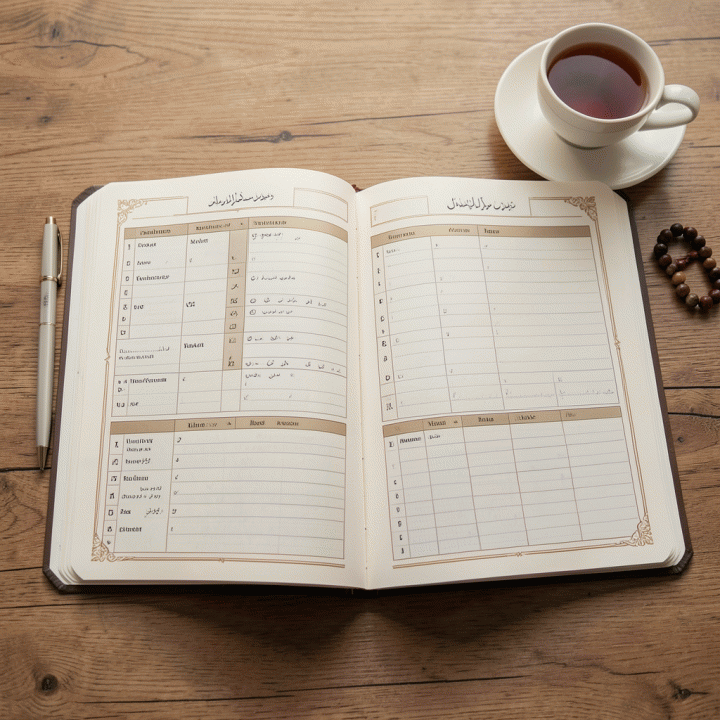 Tampilan atas yang fotorealistik dari planner Muslim Planner 2026 yang terbuka, menampilkan halaman jurnal dan pelacak kebiasaan ibadah yang terorganisir, dikelilingi oleh tasbih dan pena kaligrafi di atas meja kayu alami.