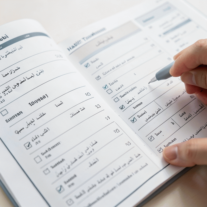Close-up yang detail pada halaman pelacak kebiasaan (habit tracker) dalam planner ibadah, menunjukkan struktur yang terorganisir untuk melacak ibadah harian.