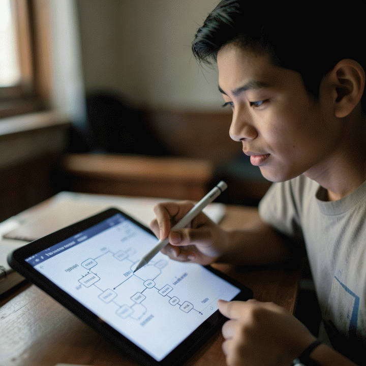 Bidikan close-up sinematik mahasiswa muda Indonesia yang fokus menggunakan stylus pada tablet digital untuk membuat peta konsep atau diagram alir yang kompleks, melambangkan penalaran kritis.