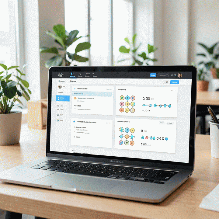 Mockup antarmuka web tes IQ modern dan interaktif di layar laptop, menampilkan soal logika dan pengenalan pola yang estetik di ruang kerja yang cerah.
