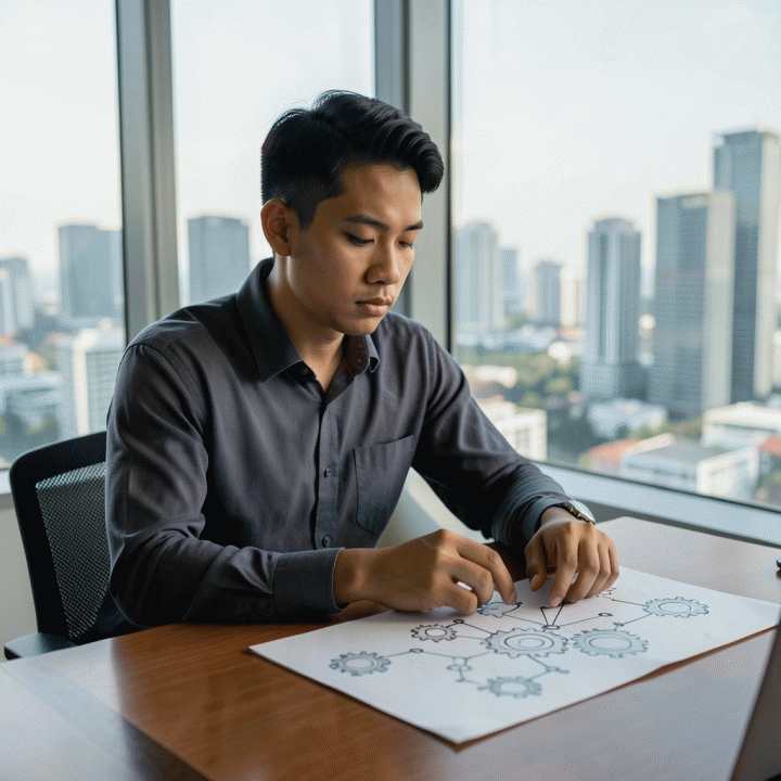 Seorang profesional muda yang sedang melakukan refleksi diri dan asesmen potensi logika di lingkungan kerja yang tenang.