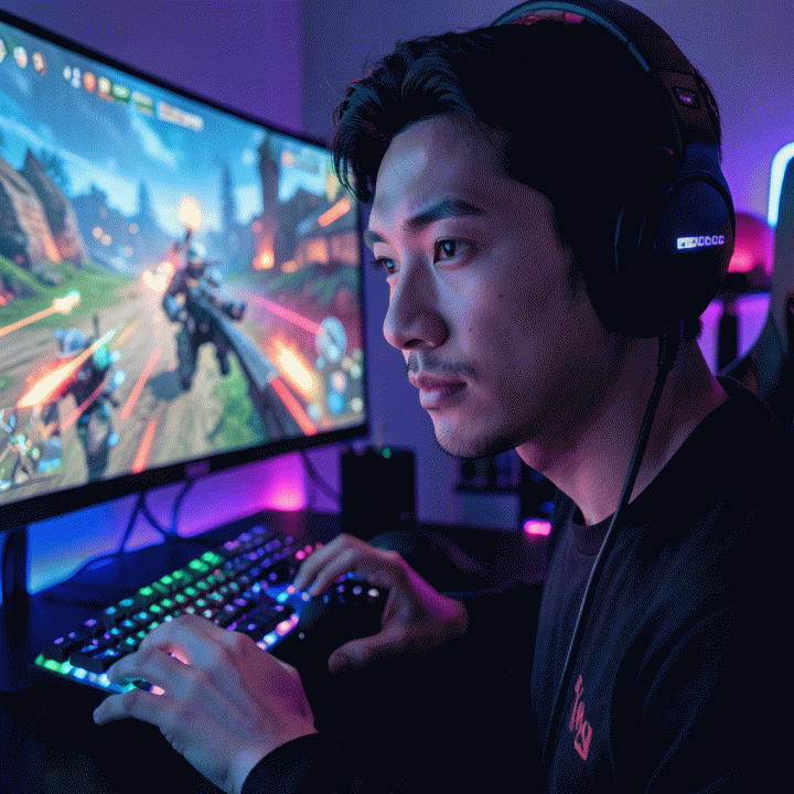 Seorang gamer bergaya di setup gaming modern yang imersif, menunjukkan fokus dan energi saat bermain game battle royale dengan pencahayaan neon yang dramatis.