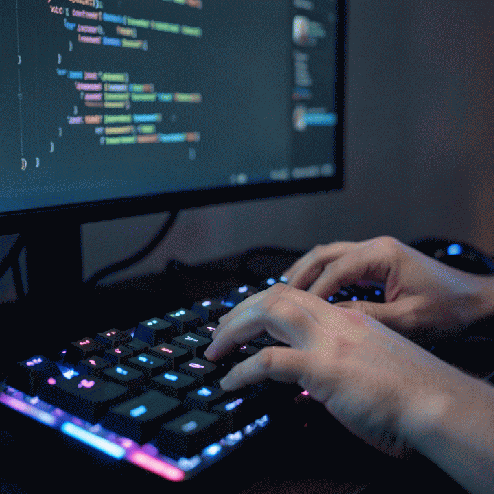 Foto close-up tangan yang mengetik intens di keyboard mekanikal, melambangkan proses kreasi username unik dan anti-duplikat.