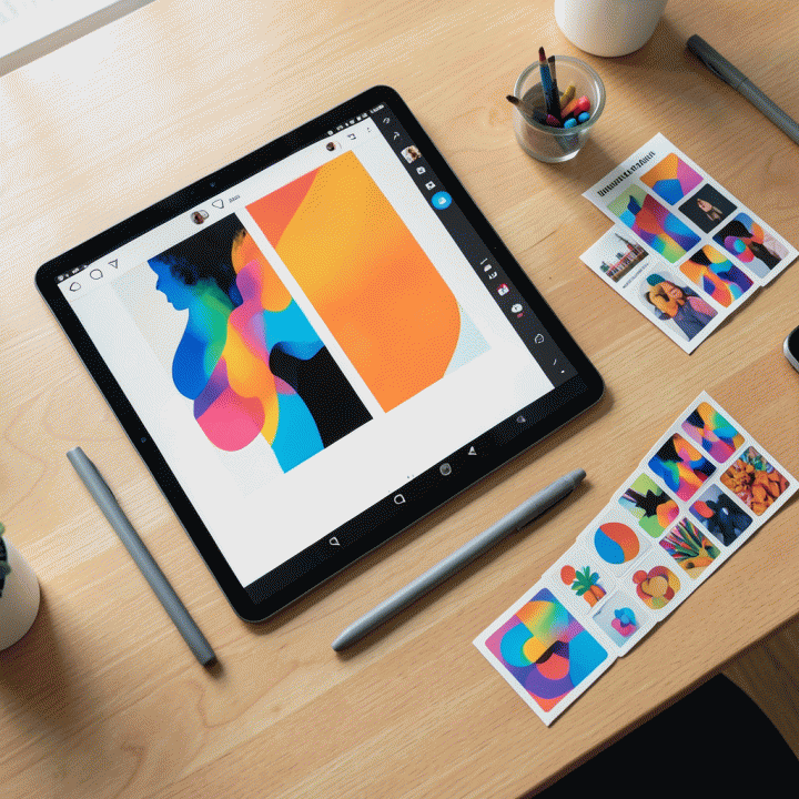 Meja kerja kreatif dengan tablet digital dan stiker digital yang menampilkan proses pembuatan narasi visual yang kohesif.