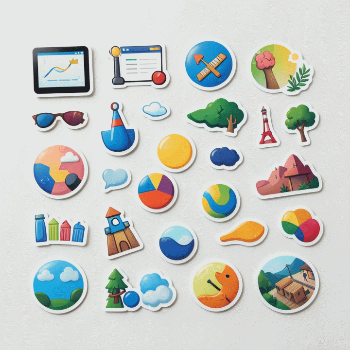Komposisi flat lay dari berbagai set stiker digital premium yang siap digunakan untuk desain grafis.