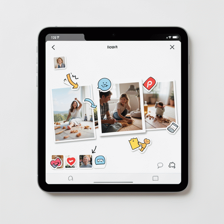 Tampilan close-up layar tablet yang menunjukkan narasi visual yang menarik di Pinterest Idea Pin, dipercantik dengan stiker digital yang kohesif.