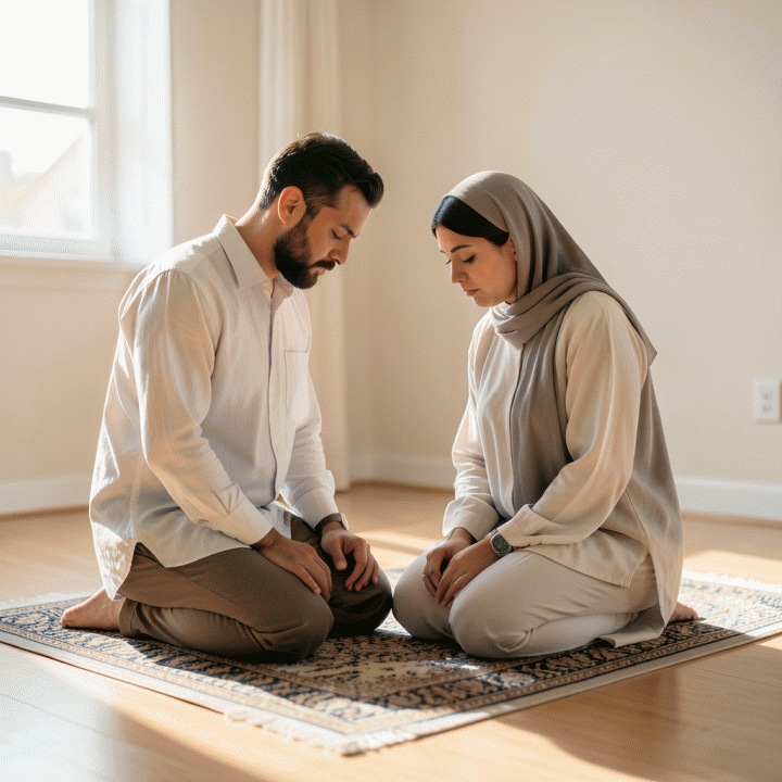 Suasana kontemplasi spiritual dan kebersamaan setelah mandi wajib, siap menjalankan ibadah puasa.
