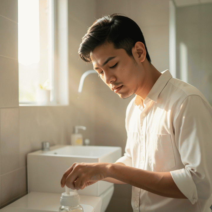 Seorang pria muda Muslim Indonesia yang sedang berwudu di kamar mandi modern yang bersih, menunjukkan kesiapan spiritual untuk ibadah puasa.