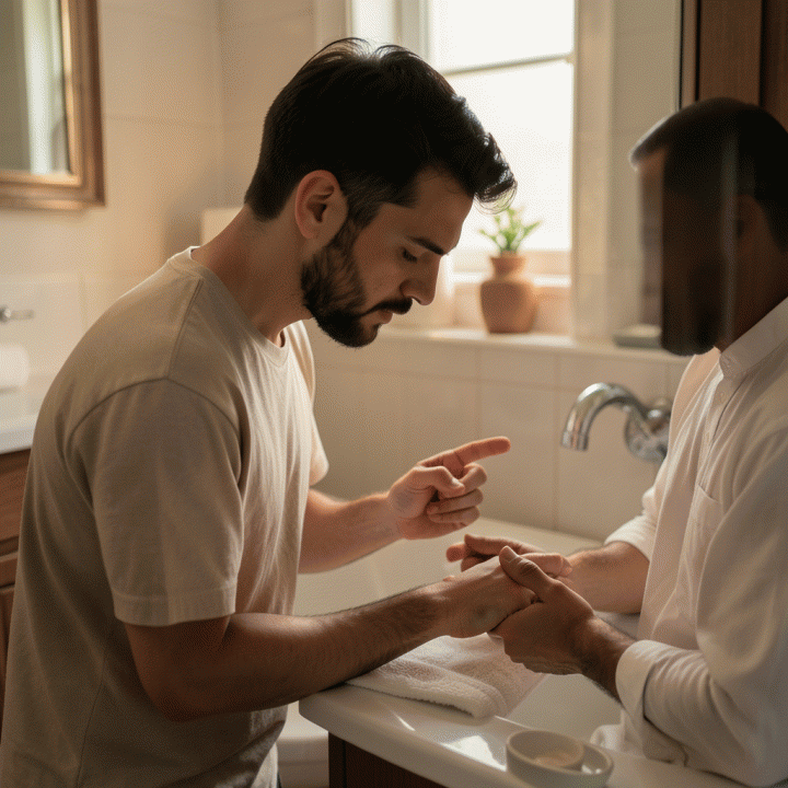 Visualisasi niat dalam mandi wajib, fokus pada kesiapan spiritual dan keheningan sebelum ibadah.