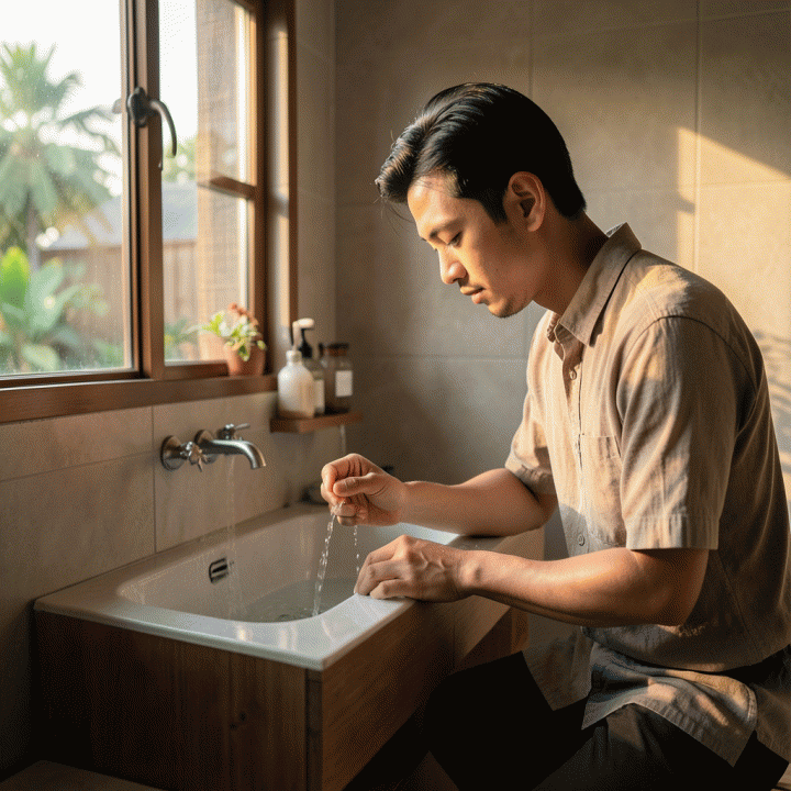 Pemandangan sinematik kamar mandi modern Indonesia saat fajar, menunjukkan seorang pemuda Muslim yang sedang bersiap untuk mandi wajib dengan suasana tenang dan damai.