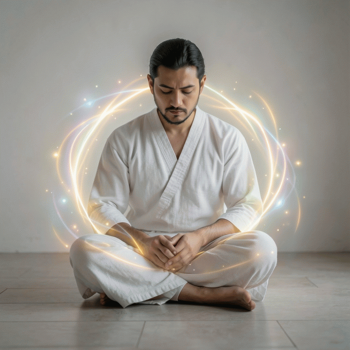Ilustrasi konseptual energi spiritual yang mengelilingi seseorang yang bersiap untuk mandi wajib, melambangkan penyucian jiwa.