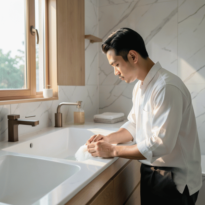 Seorang pria Muslim muda yang sedang bersuci di kamar mandi modern yang tenang, melambangkan kesiapan spiritual dan kebersihan sebelum menjalankan ibadah puasa.