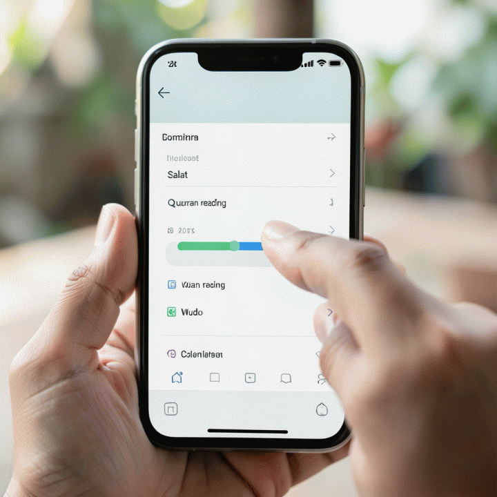 Tampilan aplikasi pelacak kebiasaan ibadah (habit tracker) di ponsel pintar, menunjukkan progres ibadah yang konsisten dan terorganisir.