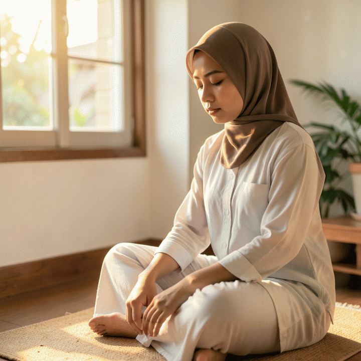 Seorang wanita Muslim muda yang terlihat tenang dan damai setelah mandi wajib, menggambarkan kesucian dan kesiapan spiritual.