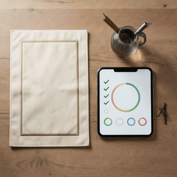Flat lay foto minimalis berisi elemen ibadah dan pelacak kebiasaan, seperti sajadah, alat wudu modern, dan tampilan antarmuka digital abstrak yang menunjukkan progres ibadah.