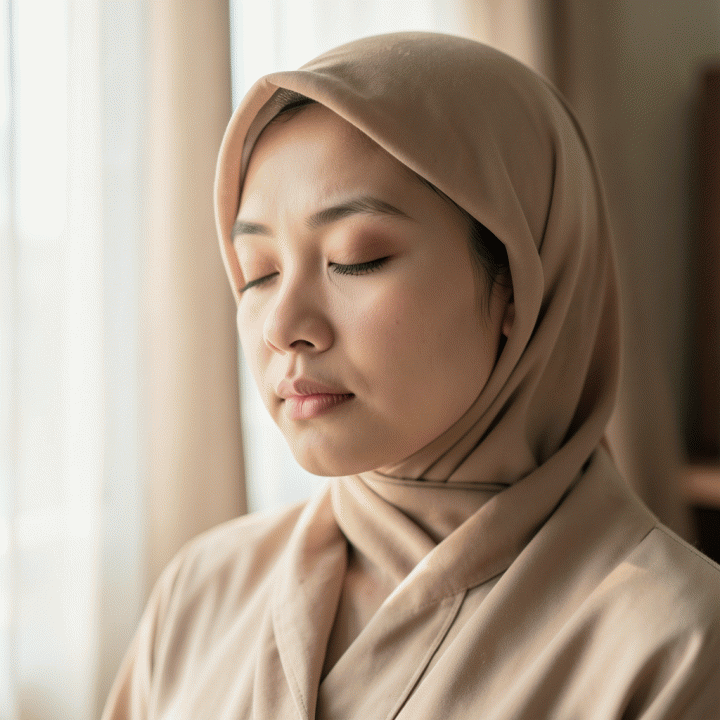 Potret sinematik seorang wanita Muslim muda Indonesia yang sedang merenung dengan khusyuk setelah mandi wajib, menonjolkan rasa spiritualitas dan kesucian.
