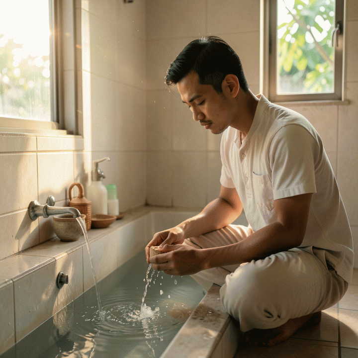 Seorang pria muda Indonesia sedang mandi wajib (mandi sunnah) di kamar mandi yang tenang saat pagi hari, menggambarkan kesucian dan persiapan spiritual.