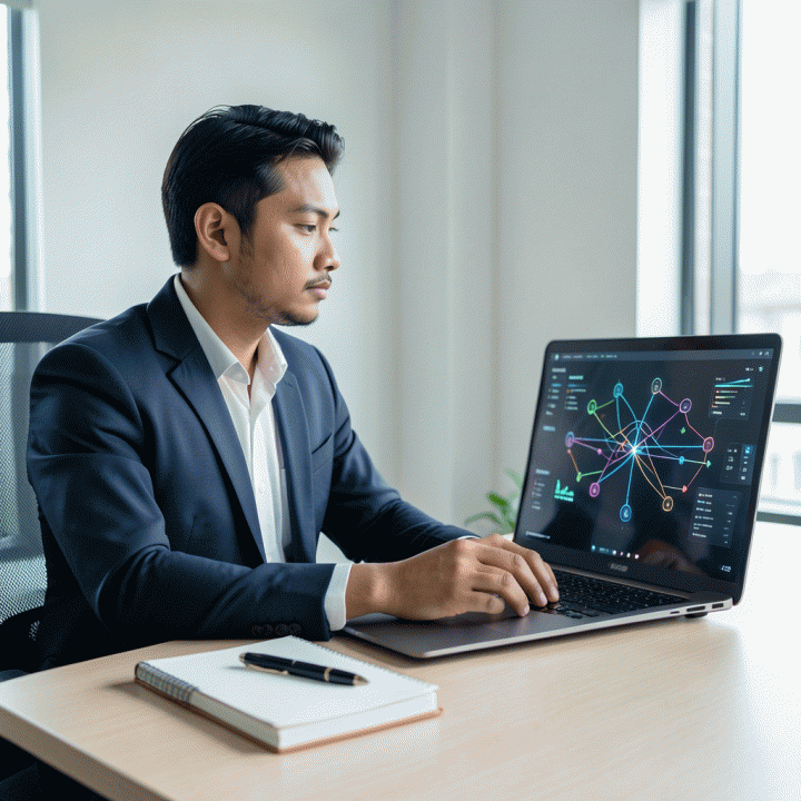 Seorang profesional muda Indonesia sedang menganalisis data karier dan peta peluang pekerjaan di layar digital, melambangkan strategi pencarian kerja yang terstruktur.