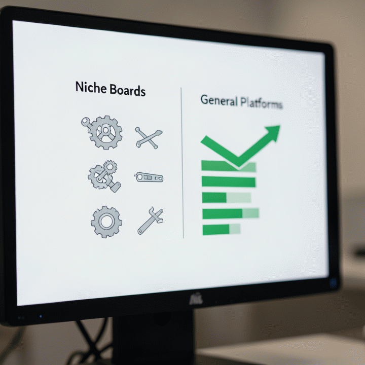 Infografis perbandingan visual antara platform kerja niche dan platform umum, menyoroti konversi yang lebih tinggi dari platform niche.