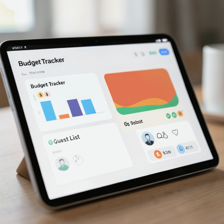Tampilan digital yang rapi pada tablet yang menunjukkan pelacakan anggaran dan daftar tamu pernikahan yang terorganisir secara visual.
