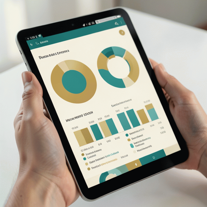 Visualisasi dashboard anggaran pernikahan yang terorganisir di tablet, menunjukkan kontrol keuangan yang mudah.
