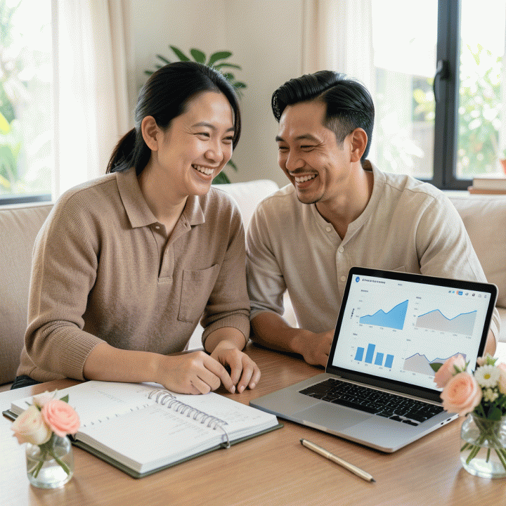 Pasangan pengantin Indonesia yang terlihat tenang dan bahagia saat merencanakan pernikahan di ruang kerja yang rapi, dikelilingi oleh buku perencanaan dan elemen keuangan yang terorganisir.