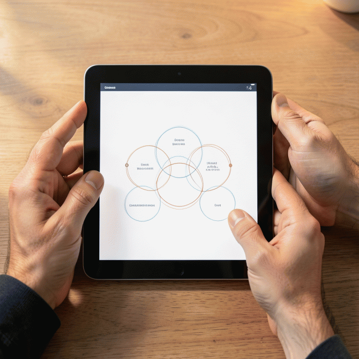 Dua tangan berinteraksi dengan tablet digital yang menampilkan antarmuka abstrak manajemen jadwal dan koordinasi acara pernikahan yang mulus.