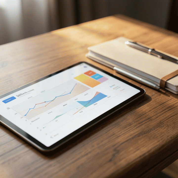 Meja kerja yang rapi dengan tablet yang menampilkan visualisasi anggaran pernikahan yang terorganisir, melambangkan kontrol finansial.