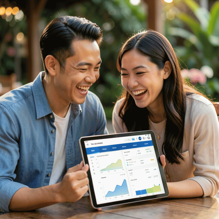Pasangan pengantin Indonesia yang bahagia sedang melihat perencanaan pernikahan yang terorganisir di tablet modern, melambangkan kemudahan manajemen anggaran dan tamu.
