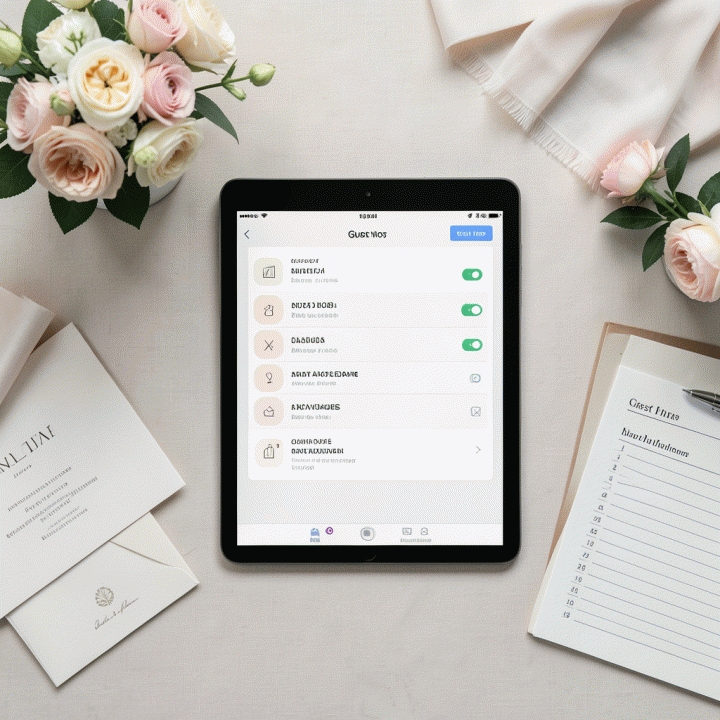 Tampilan atas (flat lay) dari daftar tamu pernikahan yang terorganisir di tablet, dikelilingi oleh perlengkapan pernikahan yang elegan.