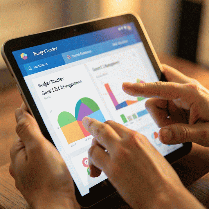 Tangan yang berinteraksi dengan antarmuka digital perencanaan pernikahan yang menampilkan pelacakan anggaran dan daftar tamu yang terorganisir.