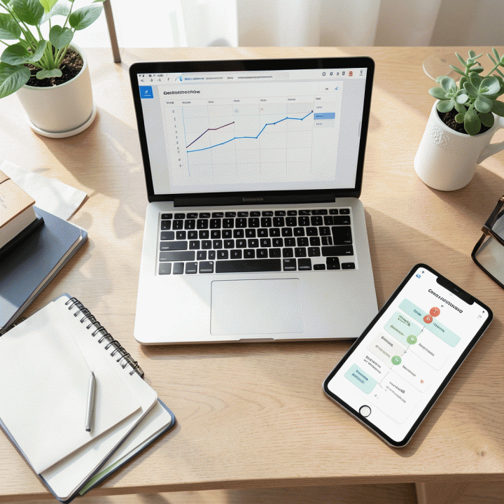 Pandangan atas meja perencanaan pernikahan yang rapi, menampilkan laptop, tablet, dan materi organisasi yang menunjukkan jadwal dan daftar tamu yang terkoordinasi.