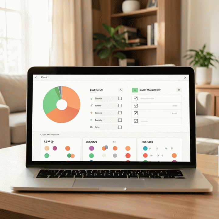 Tampilan dashboard perencanaan pernikahan digital yang rapi dan terorganisir, menunjukkan alokasi anggaran visual (pie chart) dan status tamu dalam bentuk ikon warna.