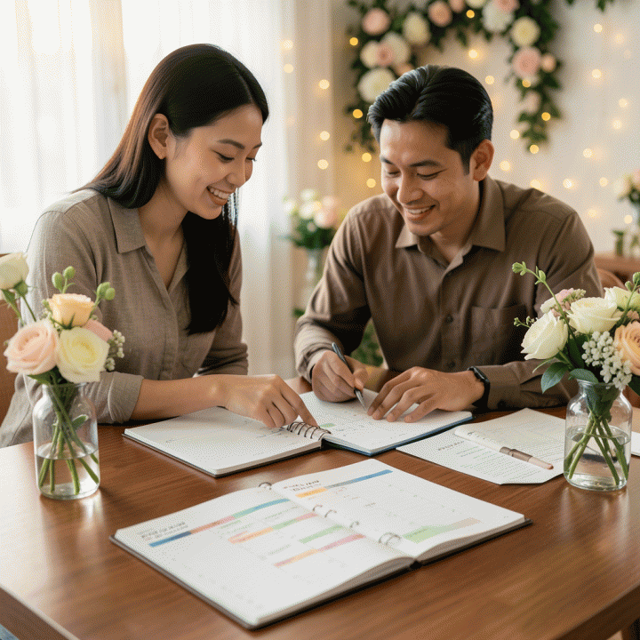 Pasangan pengantin Indonesia yang sedang merencanakan pernikahan dengan tenang di meja yang rapi dan terorganisir, mencerminkan proses persiapan tanpa stres.