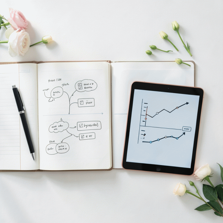 Tampilan atas meja yang rapi dengan materi perencanaan pernikahan seperti buku catatan dan tablet yang menampilkan jadwal acara.