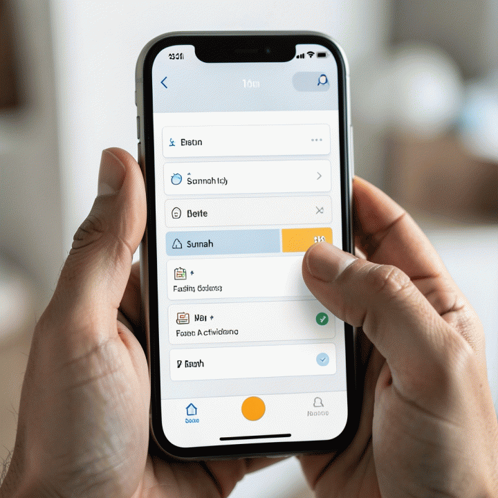 A person interacting with a mobile application for weekly spiritual planning and habit tracking during Ramadan.