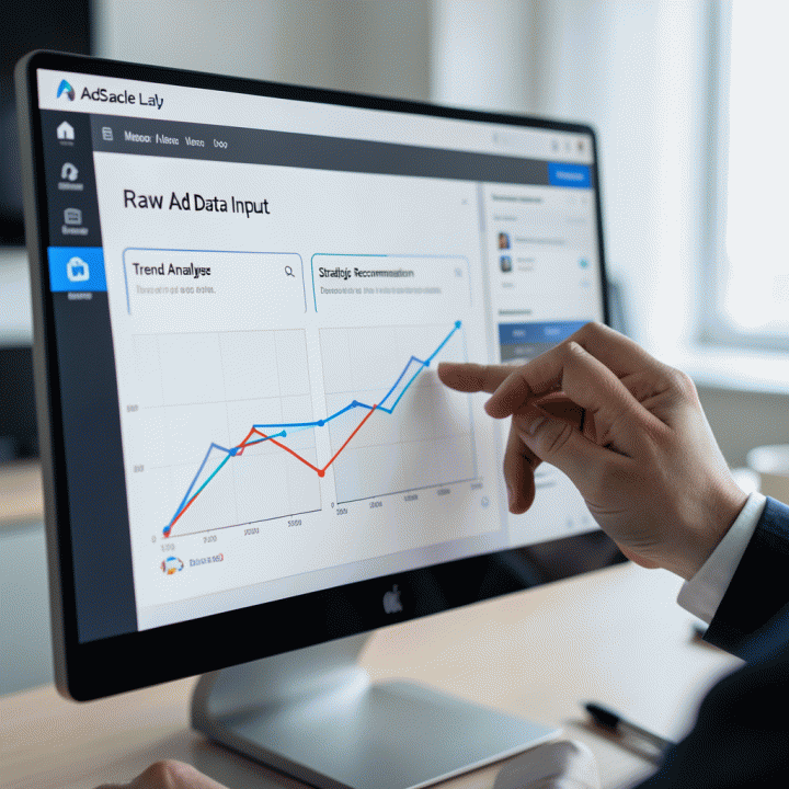 Tangan profesional menggunakan dashboard aplikasi analisis data, menunjukkan transisi dari data iklan mentah ke visualisasi tren dan rekomendasi strategi yang terstruktur.