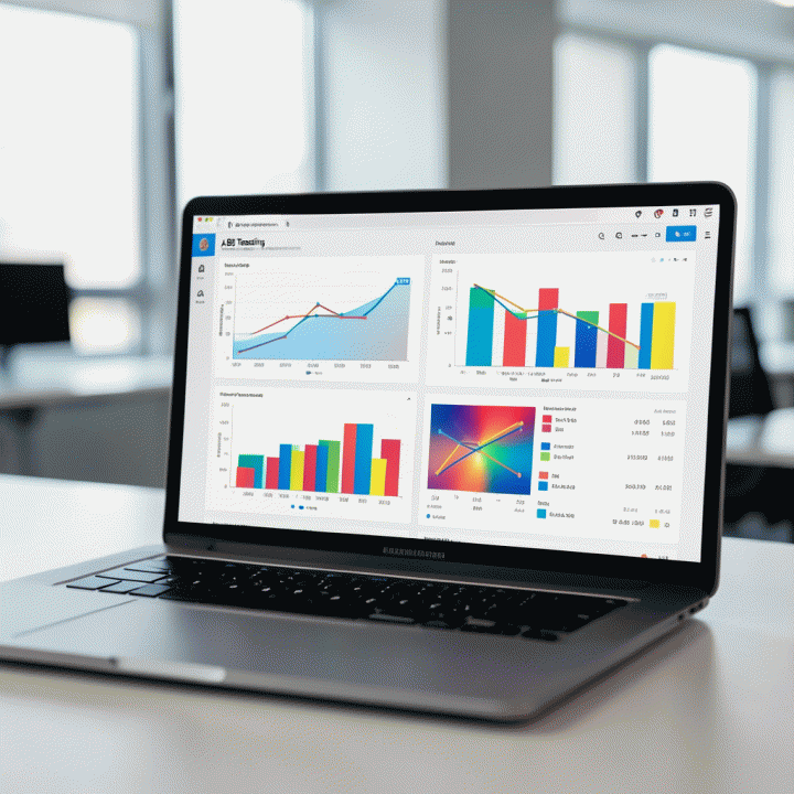 Tampilan dashboard analitik modern yang menunjukkan hasil A/B testing iklan dengan grafik yang jelas dan terukur.